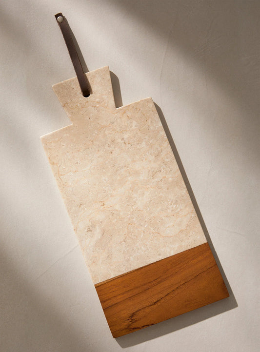 Rectangular cutting board in white marble and teak wood